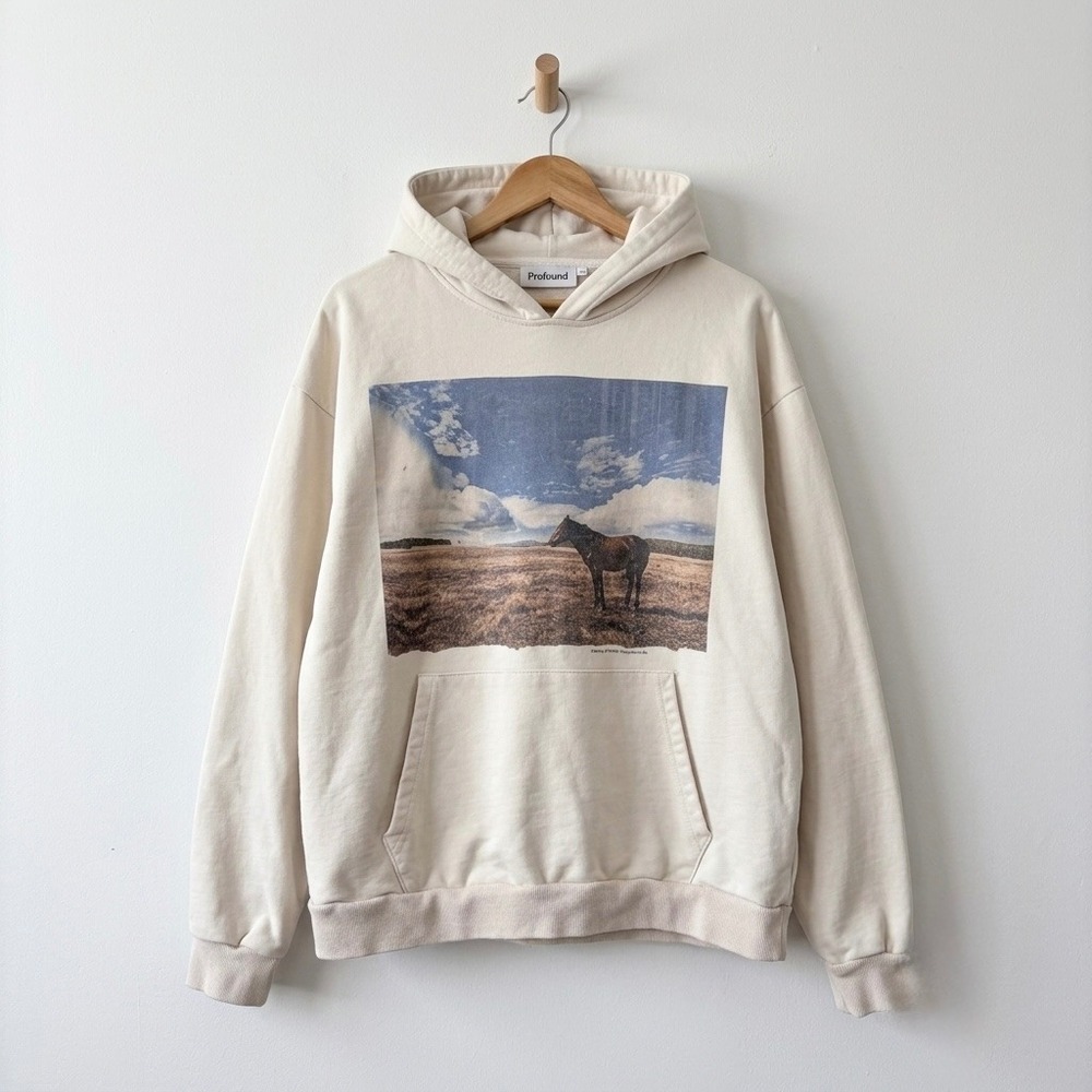 Profound Co Mens Large Horse Print Hoodie Cream Kill The Past Western Streetwear